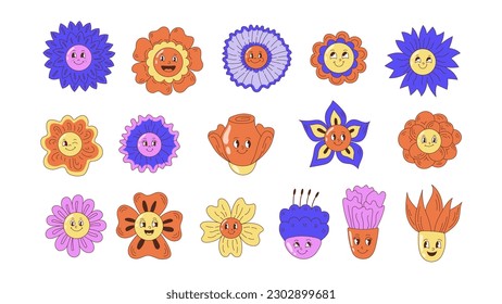Cartoon Flower characters big set. Sticker pack with trendy funny chamomile and daisy smiley comic face collection. Isolated vector illustration in retro style