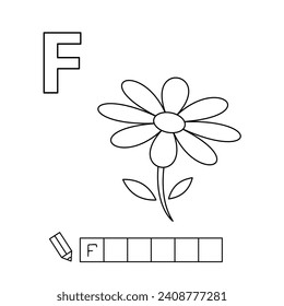 Cartoon flower coloring pages. Learning game for small children - write a word in English language. Vector alphabet for kids