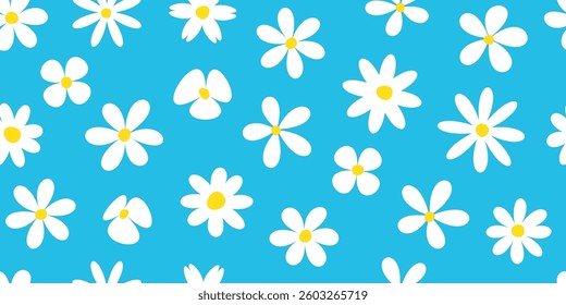 Cartoon flower daisy seamless pattern, spring chamomile background, cute baby camomile bg, white and blue color groovy print, fun plant textile, comic floral pattern. Funky blossom vector illustration