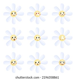 Flor de caricatura con diferentes emociones. Conjunto vectorial de emoticonos, emoji