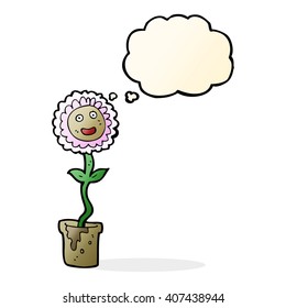 Cartoonblume mit Gesicht mit Gedankenblase