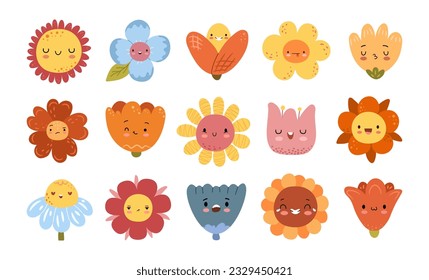 Cartoon flower faces with different emotions isolated icons set. Funny emoticon groovy blossom patches. Cute blooms in trendy retro style, daisy and chamomile, tulip and peony smiling characters