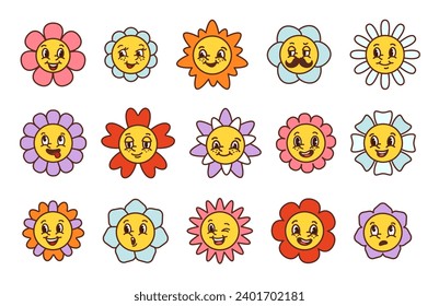 Caras de flores de dibujos animados. Personajes florales sonrientes felices con diversas expresiones faciales, cara linda con pétalos de flores conjunto de flor floral, ilustración chamóvil vintage