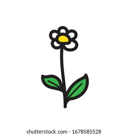 Cartoon flower with five white petals, a yellow core and two leaves. Isolated vector illustration on a white background.