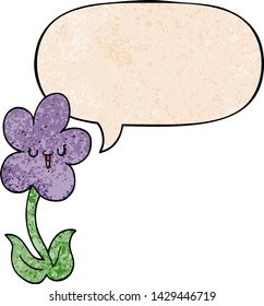 cartoon flower with happy face with speech bubble in retro texture style