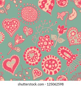  Cartoon flower and hearts seamless pattern