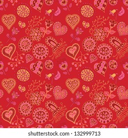  Cartoon flower and hearts seamless pattern