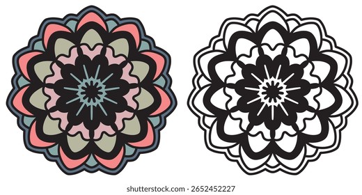Cartoon flower mandala. Kids coloring book page. Black contour on white background with color template. Colored example mandala. Vector illustration for coloring, print, design, stickers. EPS 10.