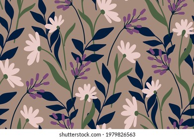 Cartoon flower pattern. Seamless pattern with wildflowers, chamomile, different leaves. Abstract composition. Shades of violet predominate. Vector.