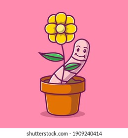 cartoon flower plant in a pot along with a cute worm