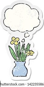 cartoon flower in pot with thought bubble as a distressed worn sticker