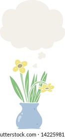 cartoon flower in pot with thought bubble in retro style