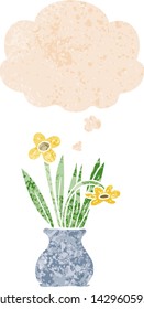 cartoon flower in pot with thought bubble in grunge distressed retro textured style
