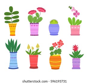 Cartoon Flower in pots vector set. House Flower pot isolated on white background.  Flowers in vases.
