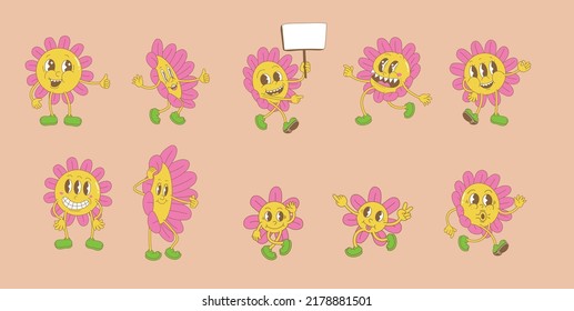 cartoon flower with Retro trendy style face