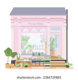 Cartoon Flower shop decorated with plants and flowers. Beautiful facade interior vector illustration on White background.