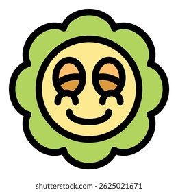 Cartoon flower with a smiling face and closed eyes, surrounded by green petals, conveying happiness and peace