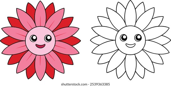 A cartoon flower with a smiling face is shown in two versions one colored in pink and red, and one as an outline for coloring.