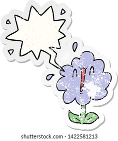 flor de caricatura con burbuja de habla angustiada pegatina vieja