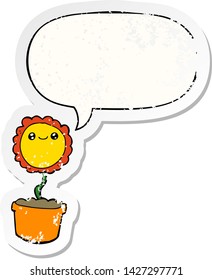 flor de caricatura con burbuja de habla angustiada pegatina vieja