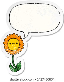 Cartoon Blume mit Sprachblase bedrückte alte Aufkleber