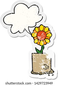 flor de caricatura con burbuja de habla angustiada pegatina vieja