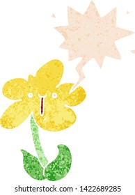 flor de dibujos animados con burbuja de habla en un estilo retro angustiado con texturas estrafalarias