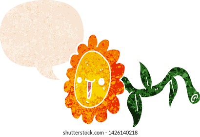 cartoon flower with speech bubble in grunge distressed retro textured style