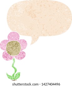 cartoon flower with speech bubble in grunge distressed retro textured style
