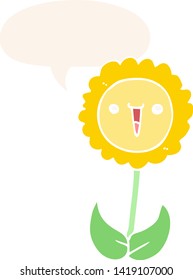 cartoon flower with speech bubble in retro style