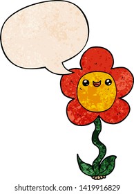 cartoon flower with speech bubble in retro texture style