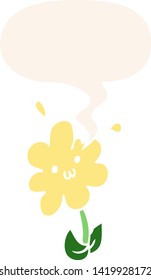 flor de caricatura con burbuja de habla en estilo retro