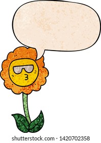 cartoon flower with speech bubble in retro texture style