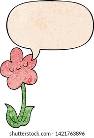flor de dibujos animados con burbuja de habla en estilo de textura retro
