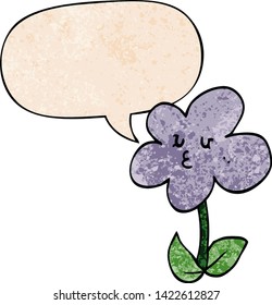 cartoon flower with speech bubble in retro texture style