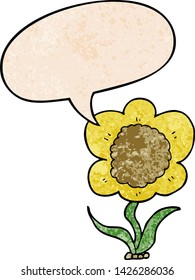 cartoon flower with speech bubble in retro texture style