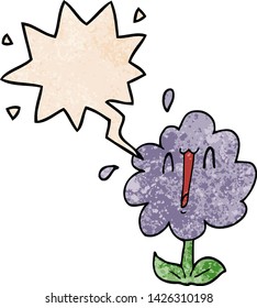 cartoon flower with speech bubble in retro texture style