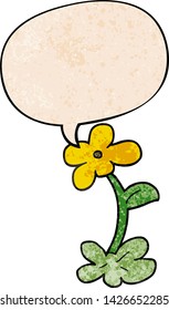 cartoon flower with speech bubble in retro texture style