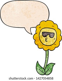 cartoon flower with speech bubble in retro texture style