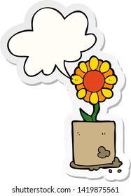 flor de caricatura con pegatina de burbuja de habla
