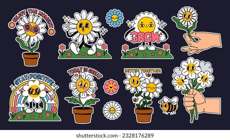 Cartoon flower sticker. Retro comic daisy character. Vintage trendy 30s mascot flowers with face. Floral daisies in pot with motivation phrases. Funny bouquet in hands. Vector set flowerpots