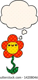 cartoon flower with thought bubble in comic book style