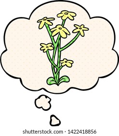 cartoon flower with thought bubble in comic book style