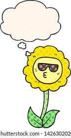 cartoon flower with thought bubble in comic book style