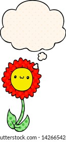 cartoon flower with thought bubble in comic book style
