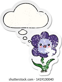 cartoon flower with thought bubble as a distressed worn sticker