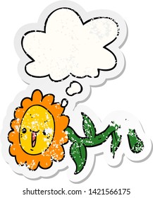 cartoon flower with thought bubble as a distressed worn sticker
