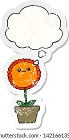 cartoon flower with thought bubble as a distressed worn sticker