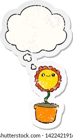 flor de dibujos animados con burbuja de pensamiento como pegatina gastada angustiada