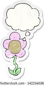 cartoon flower with thought bubble as a distressed worn sticker
